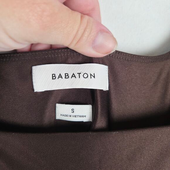 Aritzia Babaton Rich Mocha Brown Satinette Squareneck Mini Dress Sz S Bodycon - Picture 5 of 7